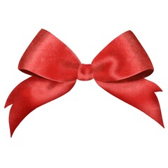 Hand drawn illustration. Red festive lush bow made of silk ribbons on a white background