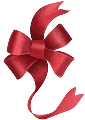 Hand drawn illustration. Red festive lush bow made of silk ribbons on a white background