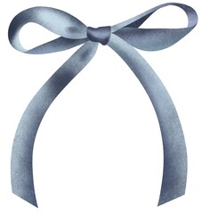 Hand drawn illustration. Blue festive ribbon bow on a white background