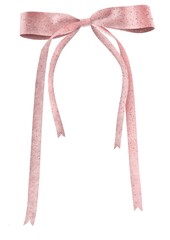 Hand drawn illustration. Pink cute festive ribbon bow on white background