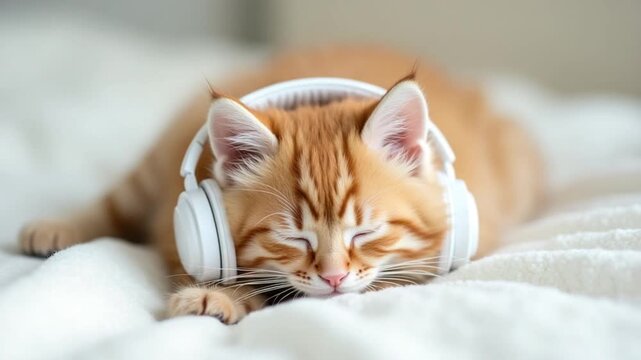 Cute fluffy kitten cat in white musical headphones lies and rests on a white soft blanket. Funny kitten resting and listening to music