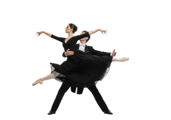 Ballet Duet with Female Dancer in Black Dress Lifted by Male Partner on White Background