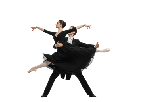 Ballet Duet with Female Dancer in Black Dress Lifted by Male Partner on White Background