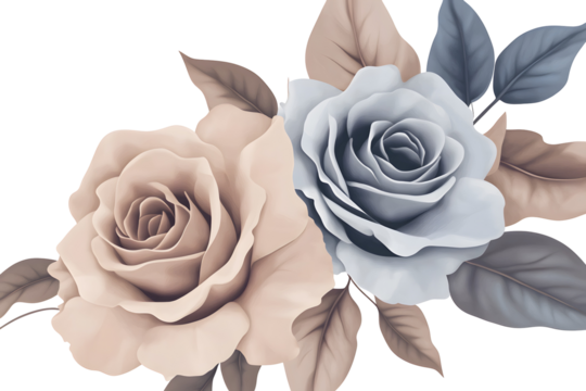 Duet color rose botanical set, mauve and blue pastel flower bouquet, watercolor hand painted floral arrangement for decorative, card, and wedding design