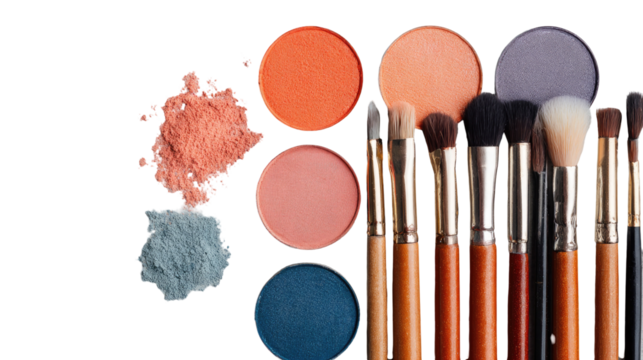 Peach Coral Gray and Blue Eyeshadow Palettes with Makeup Brushes on Transparent Background