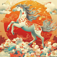 year of the horse, new year, asian festival, illustration, background, cover, advertisement, horse, pattern, design, zodiac, icon, new, year, animal, symbol, art, vintage