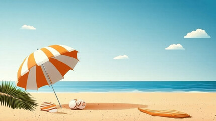 Fototapeta premium Scene cartoon sea beach, Sun lounger with plastic ball, bag, umbrella on sand beach