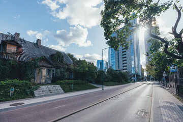 Vilnius City Center, Modern Skyscrapers and Wooden Old Houses. Lithuania