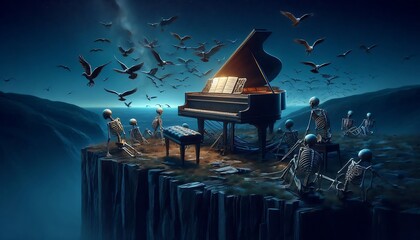 halloween night scene with piano