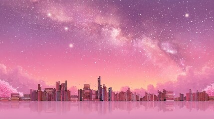 Fototapeta premium A Glowing City Skyline Beneath Pink Clouds and a Starry Night Illustrates AI's Creative Future