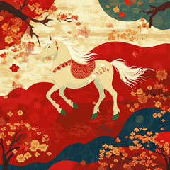 year of the horse, new year, asian festival, illustration, background, cover, advertisement, horse, pattern, design, zodiac, icon, new, year, animal, symbol, art, vintage