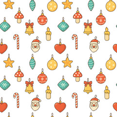 New Years Christmas pattern with toys of different shapes with snowflakes on the New Year tree, bell, Santa Claus, star, heart, ball, mushroom, candle, candy cane