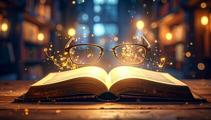 Magical book with floating glasses and glowing sparks