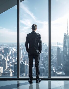 Rear view of a business professional standing at a high-rise office window, looking over the cityscape. A powerful concept of strategy, success, and future vision. Bosses Day, World Entrepreneurship D