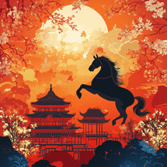 year of the horse, new year, asian festival, illustration, background, cover, advertisement, horse, pattern, design, zodiac, icon, new, year, animal, symbol, art, vintage