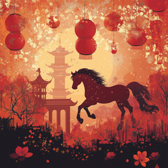 year of the horse, new year, asian festival, illustration, background, cover, advertisement, horse, pattern, design, zodiac, icon, new, year, animal, symbol, art, vintage