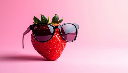 Creative concept of a fresh strawberry wearing stylish sunglasses against a bright pink backdrop