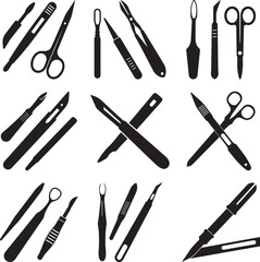 A collection of surgical scalpel tool, surgical instrument medical silhouette vector, black and white silhouette vector illustration