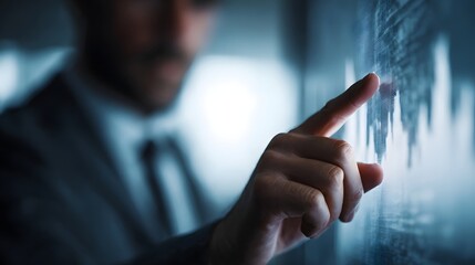 A professional businessman in a suit interacts with a digital screen displaying complex financial data and graphs