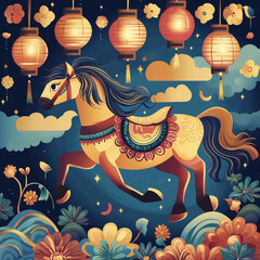 year of the horse, new year, asian festival, illustration, background, cover, advertisement, horse, pattern, design, zodiac, icon, new, year, animal, symbol, art, vintage