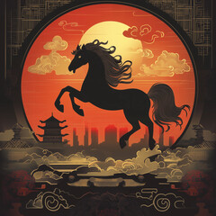 year of the horse, new year, asian festival, illustration, background, cover, advertisement, horse, pattern, design, zodiac, icon, new, year, animal, symbol, art, vintage