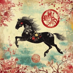 year of the horse, new year, asian festival, illustration, background, cover, advertisement, horse, pattern, design, zodiac, icon, new, year, animal, symbol, art, vintage