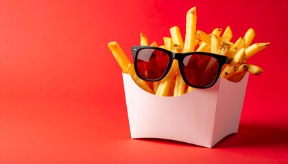 Creative concept of golden french fries in a paper container wearing black sunglasses against a bold red backdrop