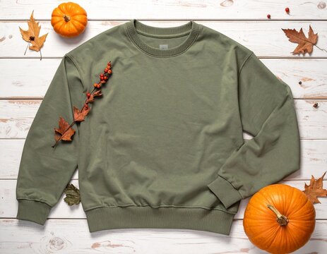 Flatlay of Light Green Sweatshirt with Orange Pumpkins and Autumn Leaves on White Wooden Surface