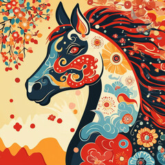 year of the horse, new year, asian festival, illustration, background, cover, advertisement, horse, pattern, design, zodiac, icon, new, year, animal, symbol, art, vintage