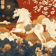 year of the horse, new year, asian festival, illustration, background, cover, advertisement, horse, pattern, design, zodiac, icon, new, year, animal, symbol, art, vintage