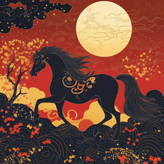 year of the horse, new year, asian festival, illustration, background, cover, advertisement, horse, pattern, design, zodiac, icon, new, year, animal, symbol, art, vintage