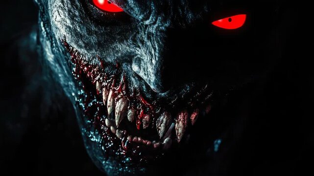 Dark, grotesque monster with large, sharp teeth snarling menacingly