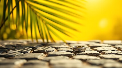 Tropical leaf silhouette on a yellow summer background with a silver ring on cobblestone.
