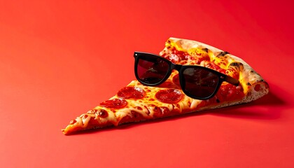 Creative concept of a cheesy pepperoni pizza slice wearing stylish black sunglasses on a vibrant red backdrop