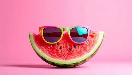 Creative concept of a juicy watermelon slice wearing rainbow sunglasses against a bright pink backdrop