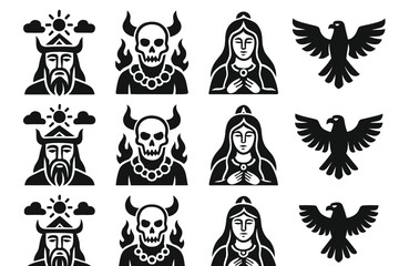 Obraz premium Mythical figures and animals in bold black icon art design