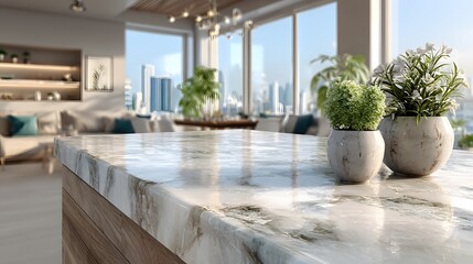Fototapeta premium Luxurious kitchen with a gleaming white marble countertop. Elegant potted plants are in the foreground, with a blurred city skyline in back.