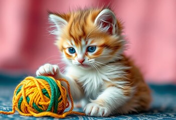 A fluffy kitten playfully batting a ball of yarn,  orange,  cheerful