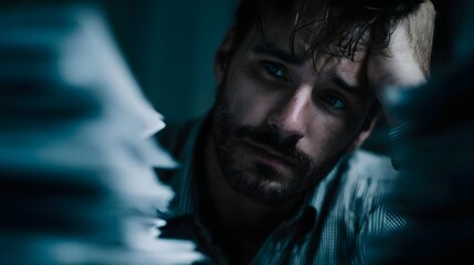Stressed man looking at papers in a dimly lit office overwhelmed by workload