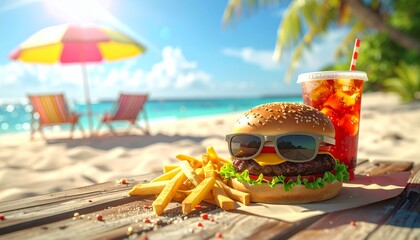 Fun concept of a cheeseburger wearing sunglasses with french fries and soda on a wooden table at a sunny beach