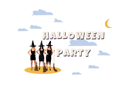 Composite photo collage of three creepy girls witches hold broom autumn halloween party gathering dark night isolated on painted background