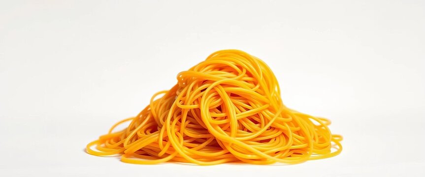 A tangled mass of cooked spaghetti against a white background, ingredient, still life