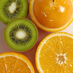 Zesty Fruit Arrangement: A vibrant display of sliced kiwi and orange halves, a burst of colors, textures in a high-angle, photorealistic arrangement. Perfect for illustrating freshness, health.