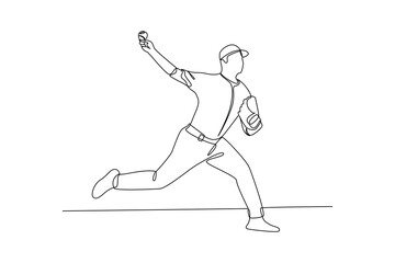 Continues line of baseball pitcher in motion throwing ball, Single line drawing vector graphic design illustration