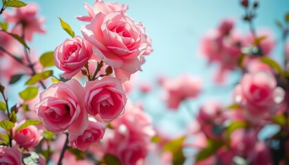 Fototapeta premium Softly blurred pink rose blossoms fill the frame, creating a romantic backdrop, roses, soft