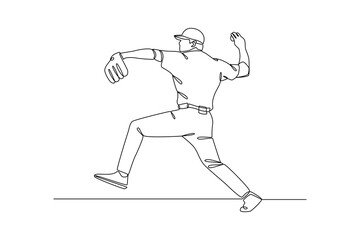 Continues line of baseball pitcher winding up to throw, Single line drawing vector graphic design illustration