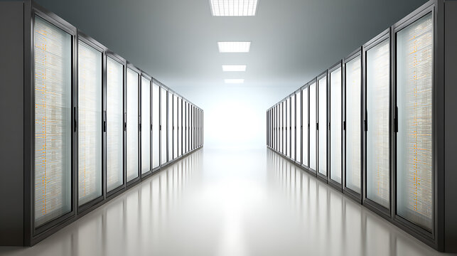 Long corridor of server racks in a data center with bright lighting and reflective floor