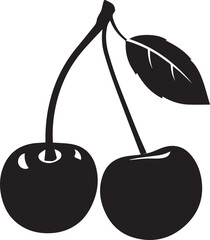 Twin cherries with leaf fruit food silhouette vector, black and white silhouette vector illustration