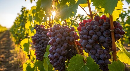 Naklejka premium Ripe Grapes on Vines in Sunlight.