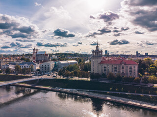Aerial View of Vilnius City Center, White Bridge - Baltasis Tiltas and Neris River, Lithuania